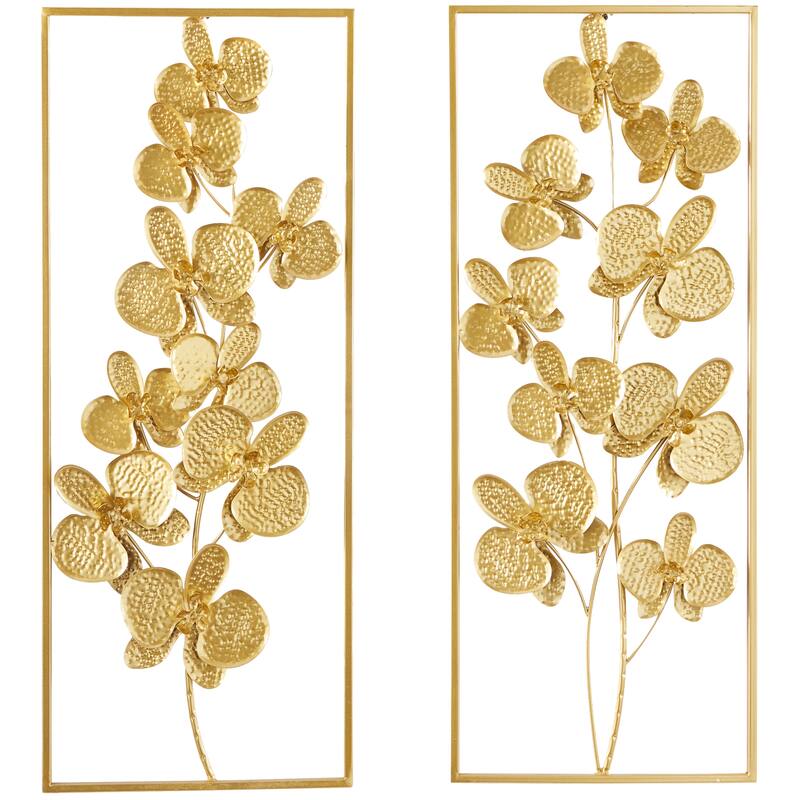 CosmoLiving by Cosmopolitan Gold Metal Orchid Floral Home Wall Decor with Gold Frame (Set of 2)