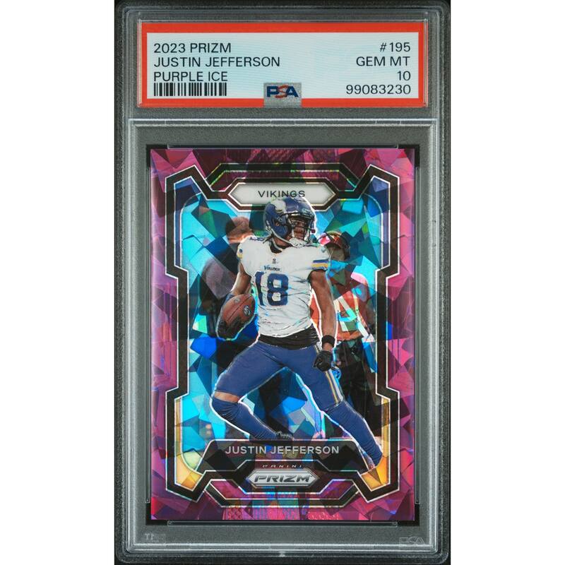 Justin Jefferson 2023 Panini Prizm Purple Ice Football Card #195 Graded PSA 10 23/225 - 8' x 11'