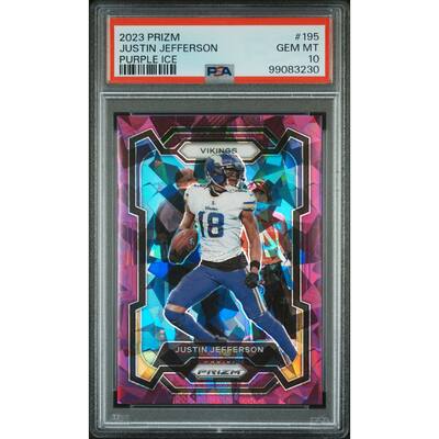 Justin Jefferson 2023 Panini Prizm Purple Ice Football Card #195 Graded PSA 10 23/225 - 8' x 11'