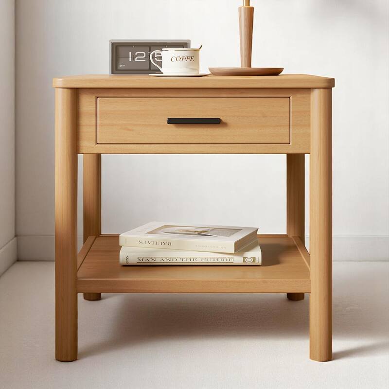 24" Rubber Side Table with Drawer and Shelf,End Table with Geometric Base,Accent Table nightstand for Living Room or Bedroom - Natural - 1-drawer
