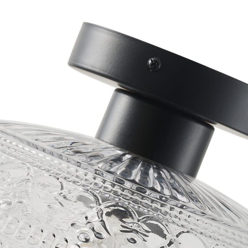 Modern 1-Light Black Semi Flush Mount Ceiling Fixture with Textured Clear Glass