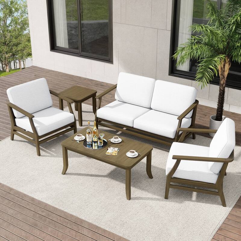 Teak Outdoor Patio Seating Set with Loveseat, Chairs and Tables (5-Piece)