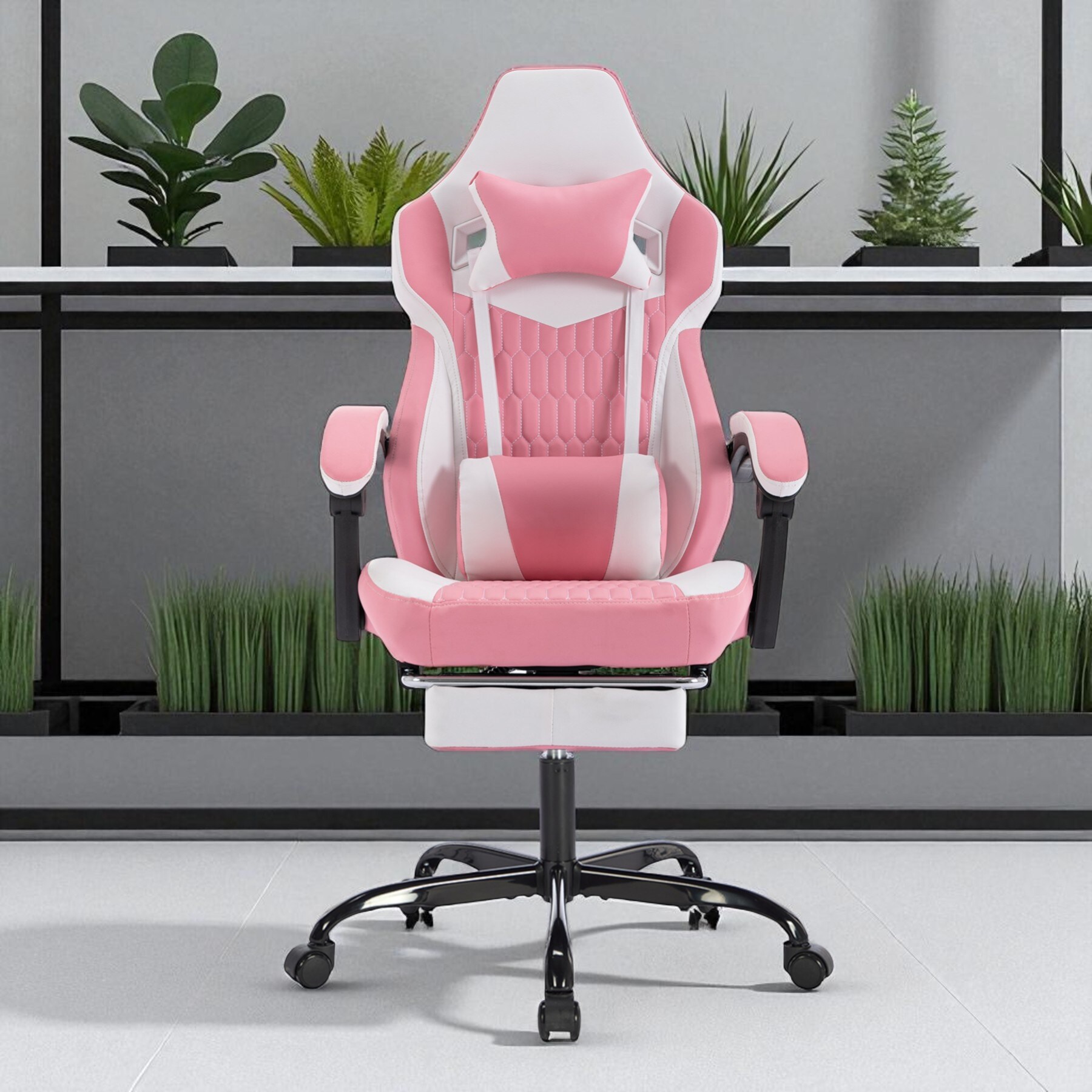 Ergonomic High Back Office Chair with Footrest, PVC Leather Gaming Chair, Adjustable Headrest & Lumbar Support, Swivel Recliner