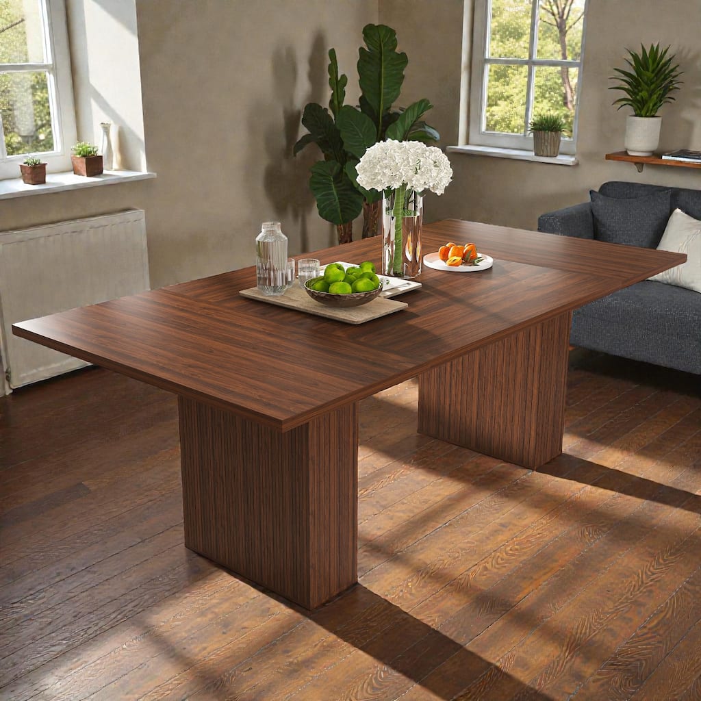 78 Inch Farmhouse Dining Table with Storage Base, Rectangular MDF Table in Natural Wood Veneer, Seats 6