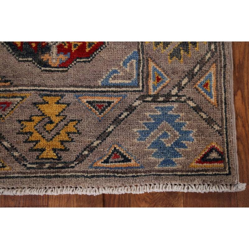 Geometric Brown Kazak Oriental Runner Rug Hand-Knotted Wool Carpet - 1'11" x 5'11"