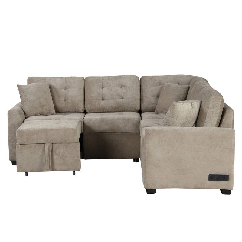 82.6" Velvet L-Shape 4-Seat Sectional Sleeper Sofa with USB Ports, Power Sockets and Wheels