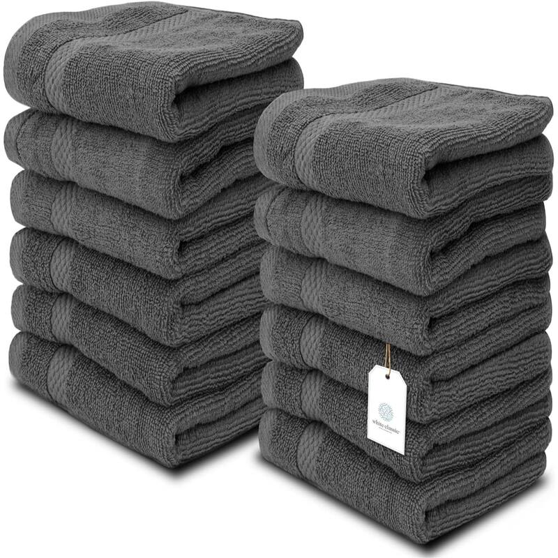 White Classic Luxury Cotton Washcloth 13x13 - Set of 12 - Gray