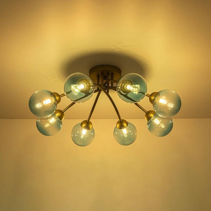 Mid-Century Blue Glass Globe Round Sputnik Ceiling Light 27in