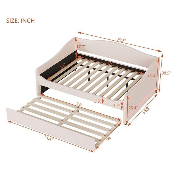 Comfort & Soft Daybed with LED & Trundle, Curve Design-Full Size, Beige