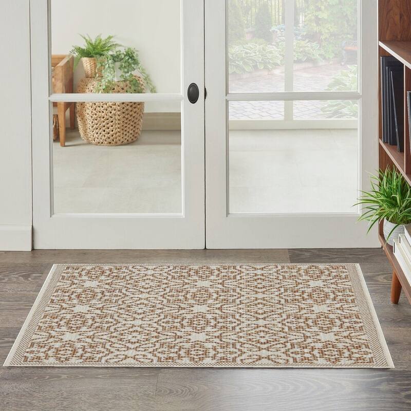Indoor/Outdoor Area Rug/ Runner/ Doormat- Blue & Natural & Red & Taupe Color -Machine Washable, Weather and UV Resistant-Eliza