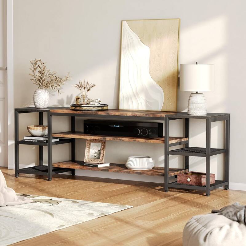 78.7" Brown & Black Modern Farmhouse TV Stand, Extra Long for 85+" TVs with 3-Tier Shelves and Steel Mesh Back