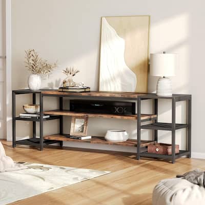 78.7" Brown & Black Modern Farmhouse TV Stand, Extra Long for 85+" TVs with 3-Tier Shelves and Steel Mesh Back
