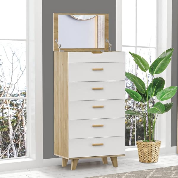 5 Drawer Dresser with Makeup Mirror, Chest of Drawers for Closet Wood  Storage Clothes Organizer with Legs Modern Nursery Dresser - Bed Bath &  Beyond - 38190532