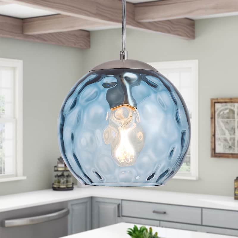 Modern Nickel Kitchen Island Pendant Light with Blue Stone Ripple Glass Shade - Blue