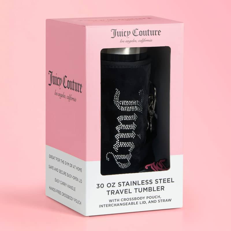 Juicy Couture Jetsetter Hydration Stainless Steel Tumbler with Handle, Straw & Topper with Velour Crossbody Pouch
