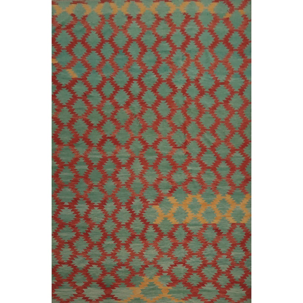 Hand Woven Oriental 100% Wool Carpet Southwestern All-Over Green Kilim Area Rug - 14' 5'' X 11' 3''