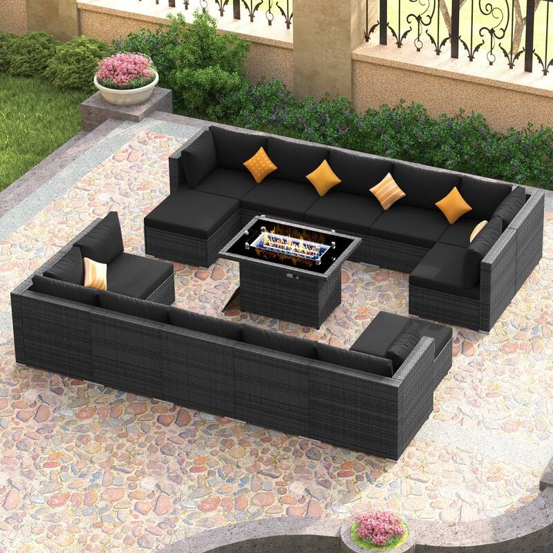 FINCATI Outdoor Grey Wicker Sectional Furniture Patio Sofa Set with Firepit Table - 15 PCS - Black