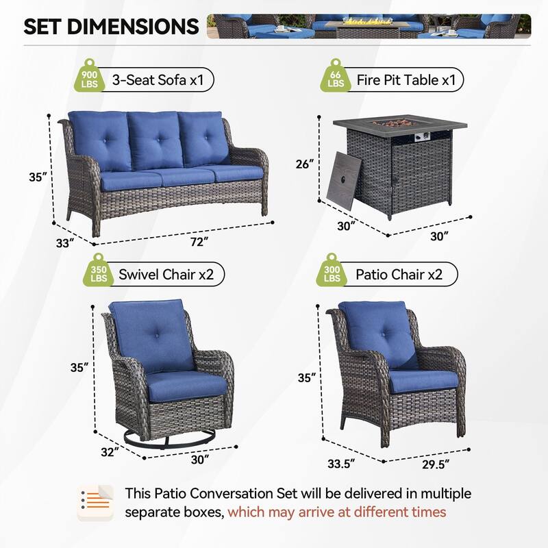 Fire Pit Table with Sofa 2 Swivel Chairs Grey-Blue - Grey