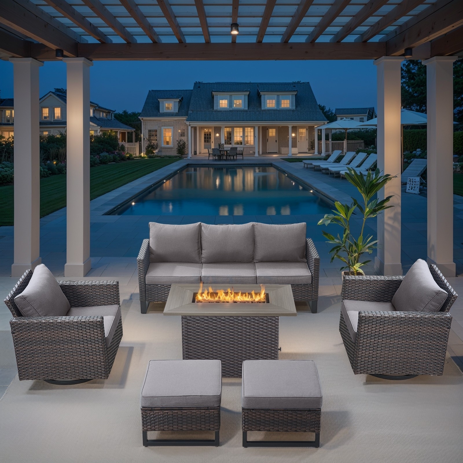 Outdoor Sofa with Swivel Chair Ottomans and Fire Pit Table - Grey cushion - Brown