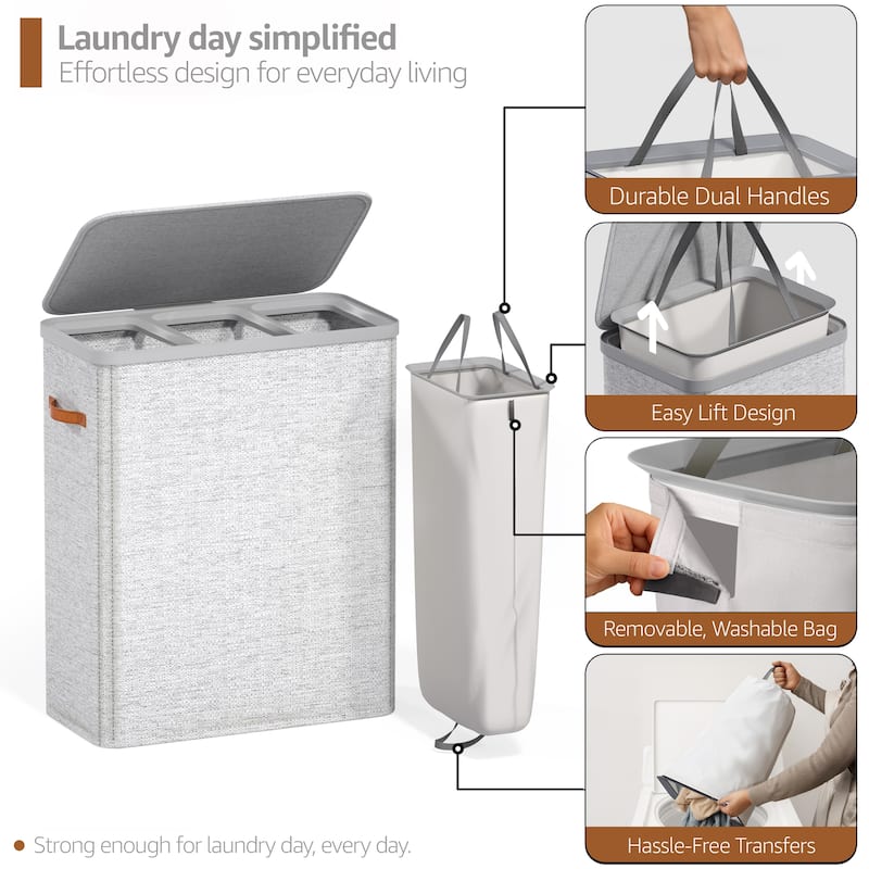 Sorbus 3-Compartment Laundry Basket with Removable Laundry Bag - Durable Organizer for Bathroom. - 25" W x 15.75" D x 29.5" H