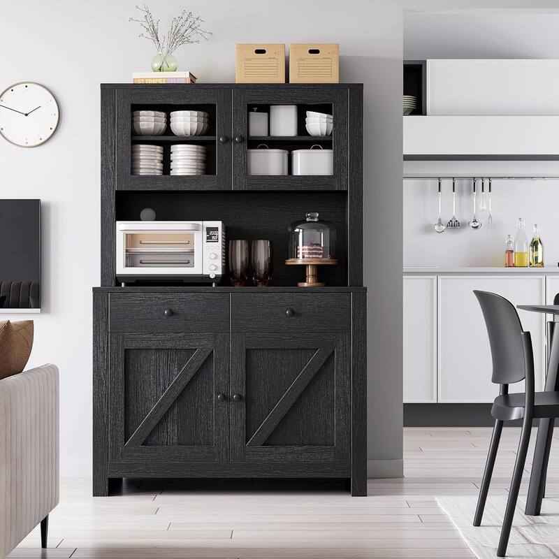 Kitchen Pantry Storage Cabinet, Freestanding Hutch Cabinet with Buffet Cupboard, Tall Storage Cabinets - Black
