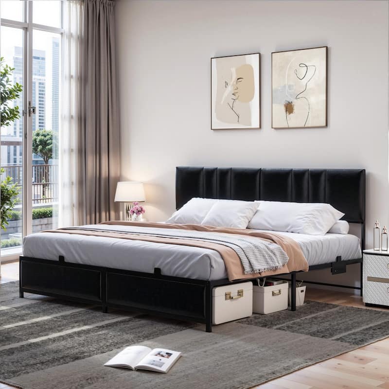 Upholstered Bed Frame with Height Adjustable Headboard,with RGB LED Light and Charging Hub