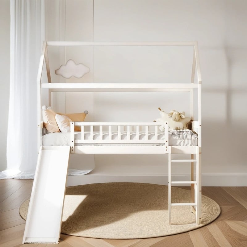 Twin Loft Bed Kids Bed with Slide and Ladder House Bed with Slide, White