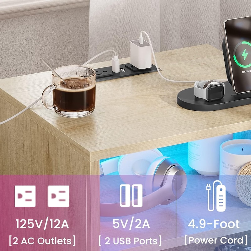 Rattan Nightstand for Bedroom Charging Station USB Ports LED Lights