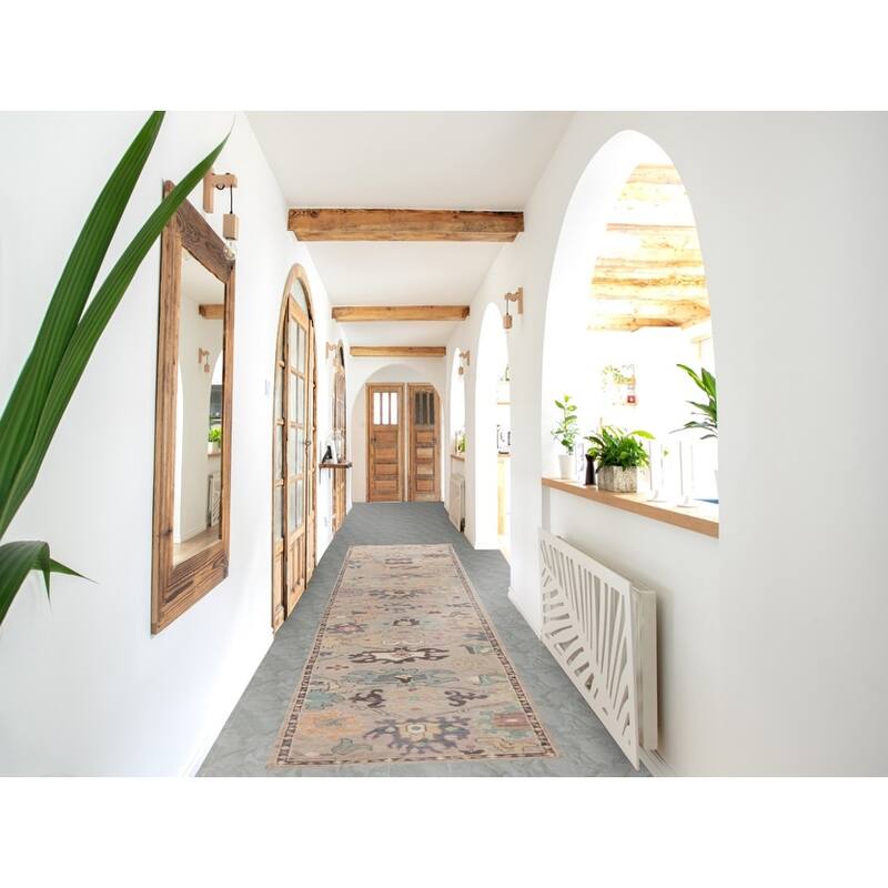 Hand Knotted Oriental 100% Wool Carpet Transitional Floral Beige & Ivories Oushak Runner Rug - 13' 8'' X 2' 7''