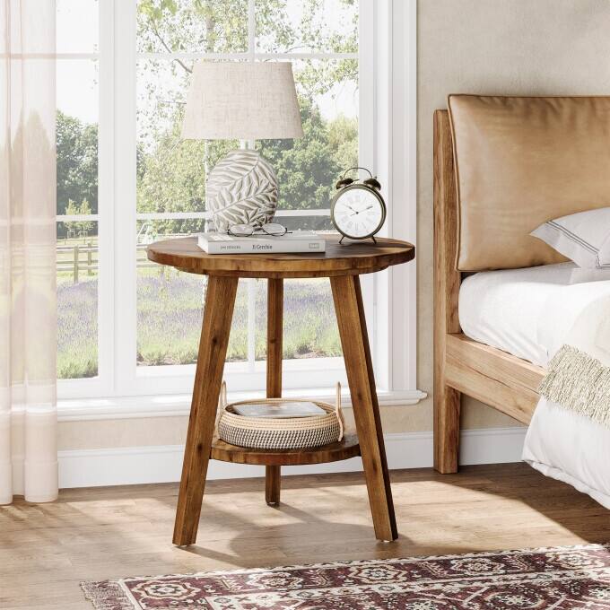 Solid Wood End Table, 2 Tiers Round Side Table, Farmhouse Nightstand