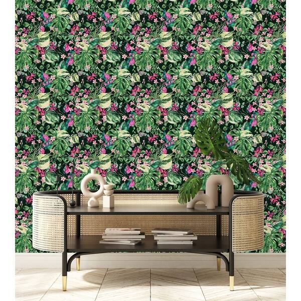 Green and Pink Leaves Wallpaper Peel and Stick and Prepasted Bed Bath