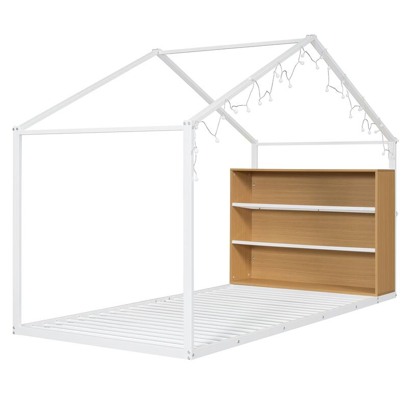 Metal Wood House Bed with Shelves & Lights