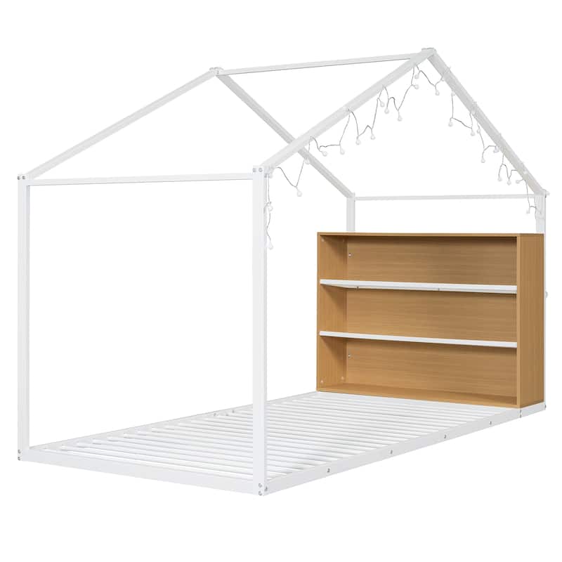 Twin Size Metal Bed House Bed Frame with Shelves and Lights