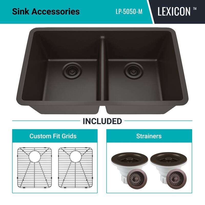 Lexicon Platinum 32" Quartz 50/50 Double Bowl Sink with Grids & Drain