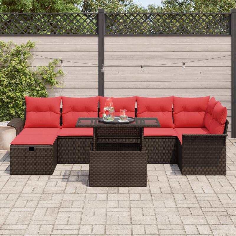 vidaXL 8 Garden Sofa Set with Cushions Black/Brown/Grey Poly Rattan - 117.1 x 52.2 x 27.2