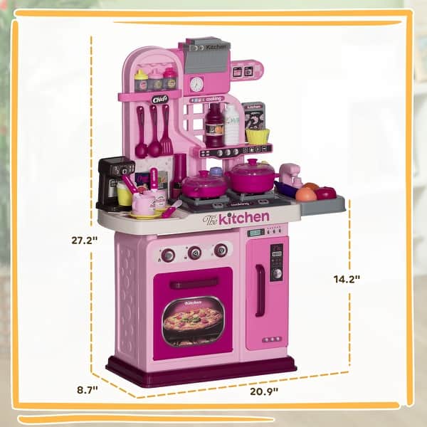Qaba Play Kitchen, Kids Kitchen Playset, Toy Kitchen with Lights, Sounds, 33 Accessories, Interactive Playset for 3-6 Years