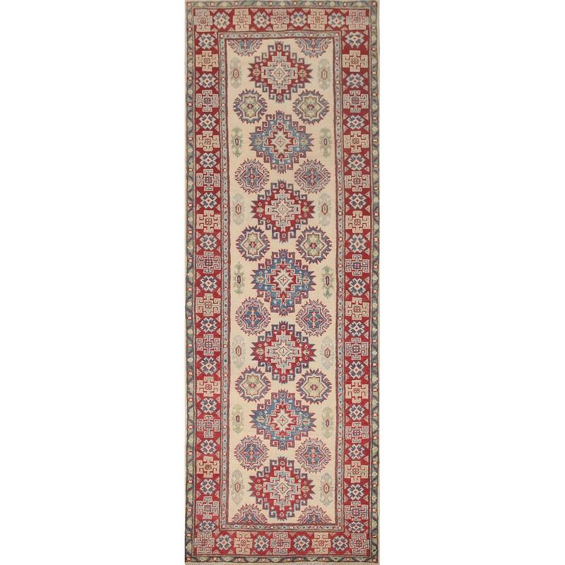 Hand Knotted Oriental 100% Wool Carpet Traditional Geometric Beige & Ivories Kazak Runner Rug - 8' 5'' X 2' 9''