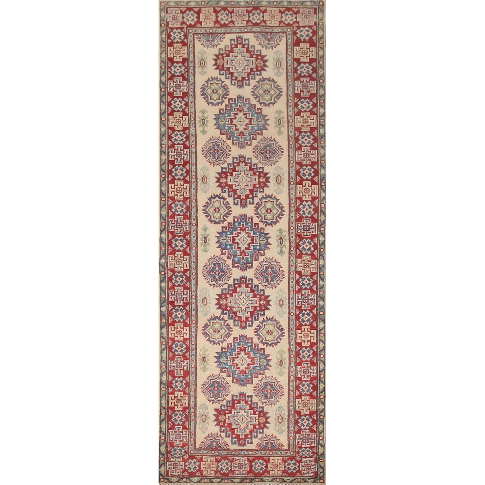Hand Knotted Oriental 100% Wool Carpet Traditional Geometric Beige & Ivories Kazak Runner Rug - 8' 5'' X 2' 9''