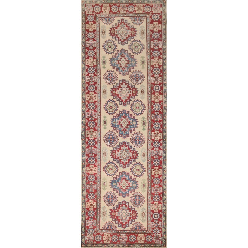 Hand Knotted Oriental 100% Wool Carpet Traditional Geometric Beige & Ivories Kazak Runner Rug - 8' 5'' X 2' 9''