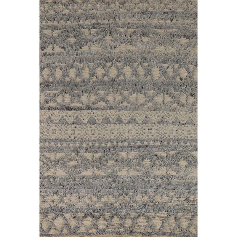 Beige & Gray Moroccan Shaggy Oriental Area Rug Handmade Wool Carpet - 4'11" x 7'8"