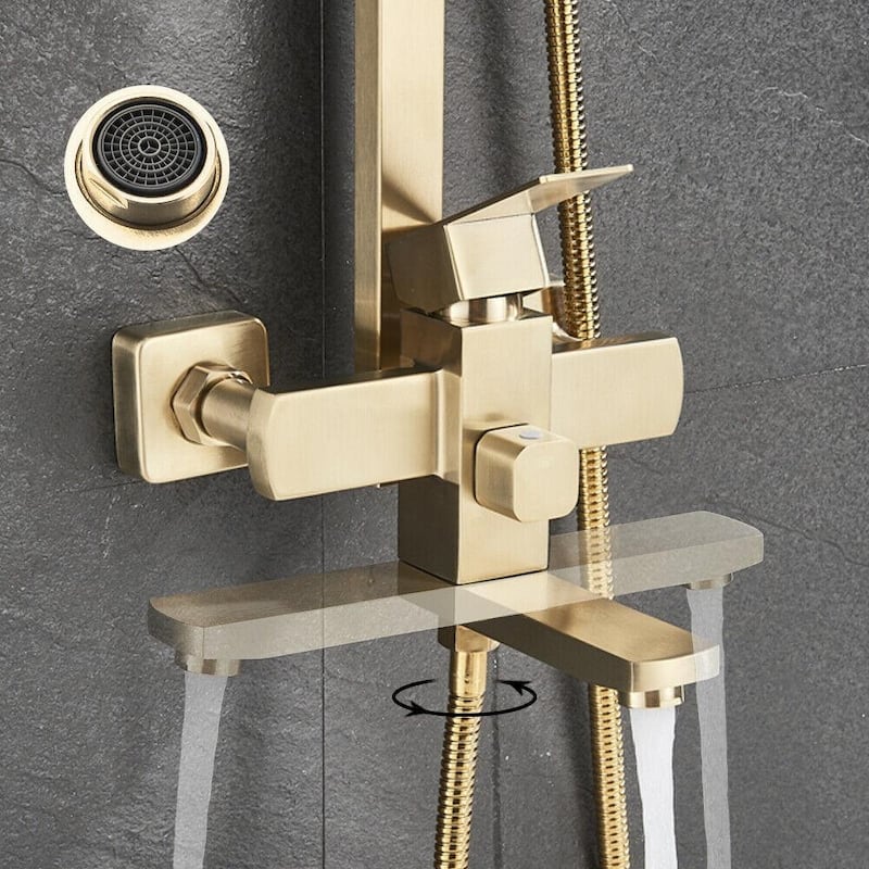 brushed gold wall mounted 3 way exposed shower with tub spout and 8 inch rain head - 7'6" x 10'9"