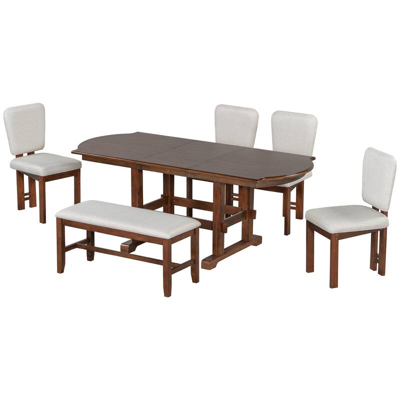 6 Piece Solid Wood Dining Table Set, 78" Extendable Table with 18" Removable Leaf, Bench & 4 Chairs for Dining Room, Kitchen