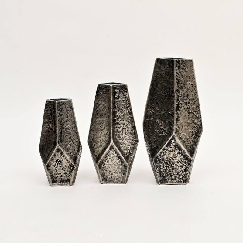 Set of 3 Antique Aluminum Vases - Nickel Finish Table Accents