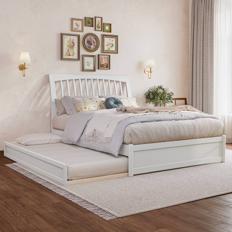 Roslyn Platform Bed with Panel Footboard and Twin Trundle - White - Full