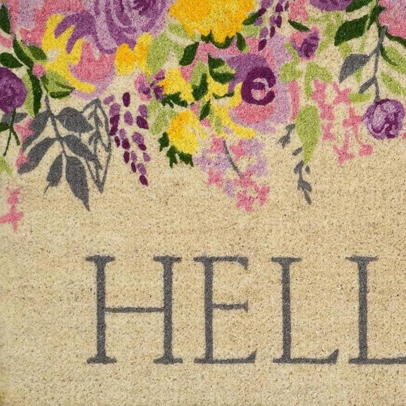 HomeRoots 18" X 30" Brown Gray And Purple Floral Hello Outdoor Coir Door Mat - 18.00' X '30.00