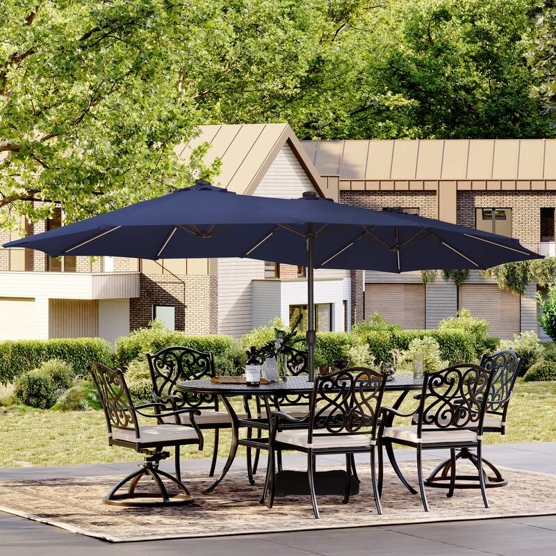 15 Ft Outdoor Solar Detachable Lights Rectangular Crank Market Umbrella with Base