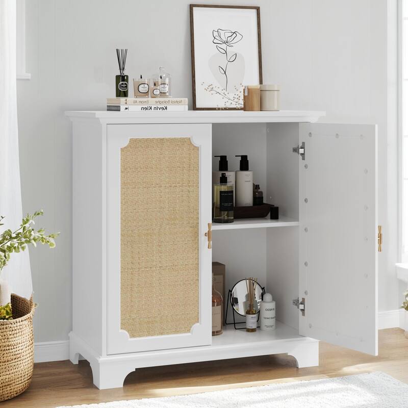 Roomfitters Coastal Storage Cabinet with Rattan Decorated Doors, Boho Sideboard Organizer with Adjustable Shelf, White