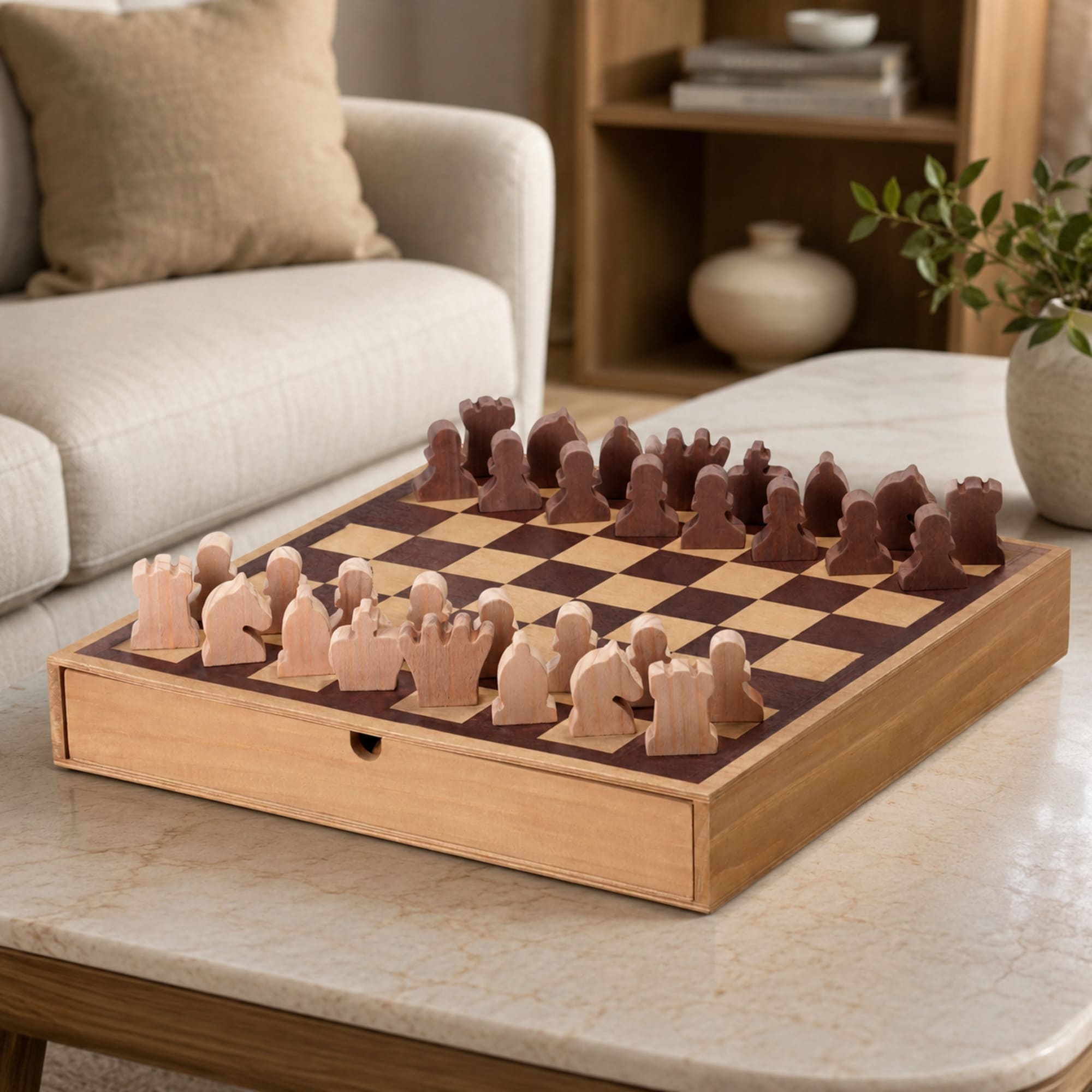 American Art Decor Wood Chess & Checkers Board Game Set with Drawer Tabletop Decor - 2.5" H x 16" L x 16" D