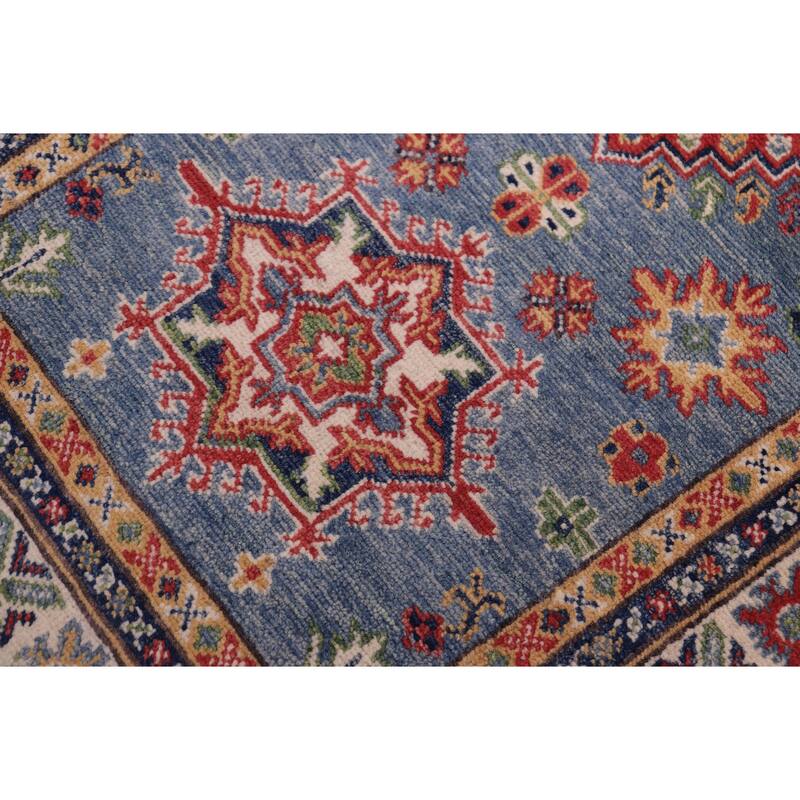 Rustic Kazak Isla Light Blue/Beige Wool Runner - 2'8'' x 9'6''