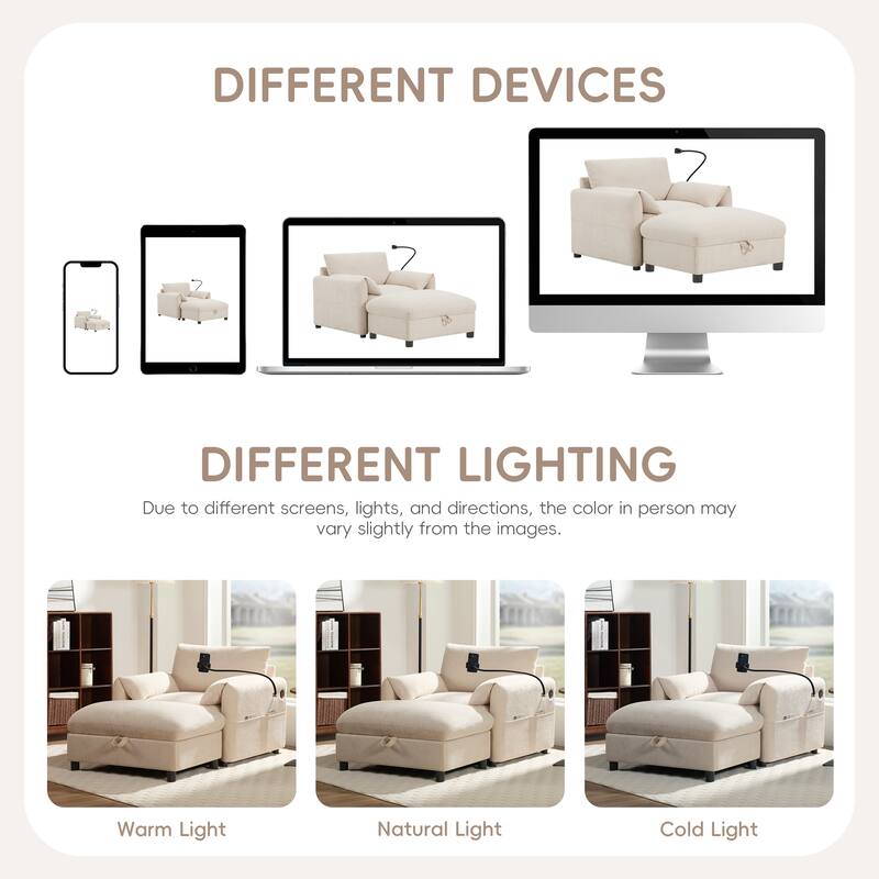 Single Sofa Chair and Storage Ottoman Sets, Chenille Accent Chair Wide Seat Chaise Lounge Couch with Phone Holder & USB Chargers